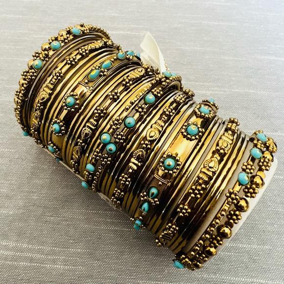 New Amrita Singh Turquoise & Gold 36 Piece Bangle Bracelet Set - Picture 3 of 6